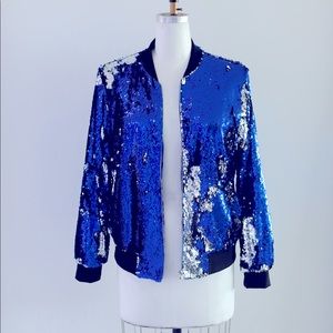 Bomber Jacket in Blue and Silver sequins.